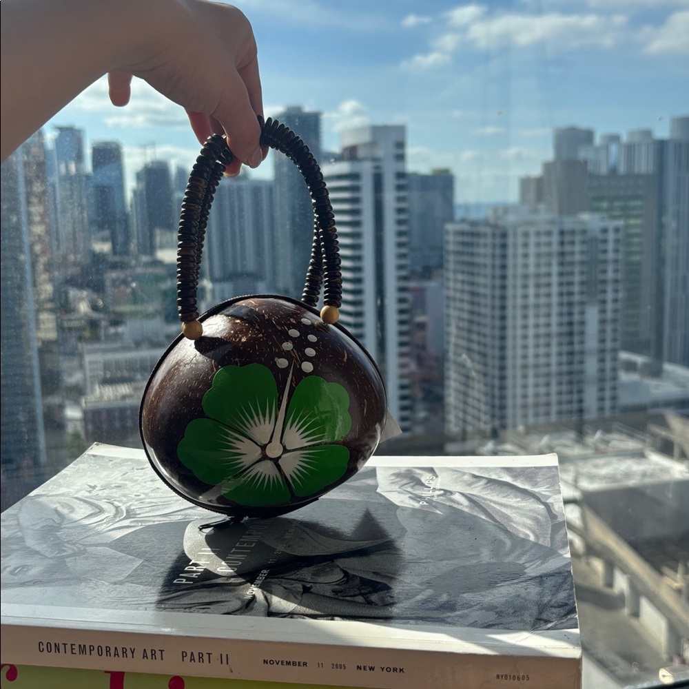 Handcrafted Coconut Shell Bag with Green Floral Design